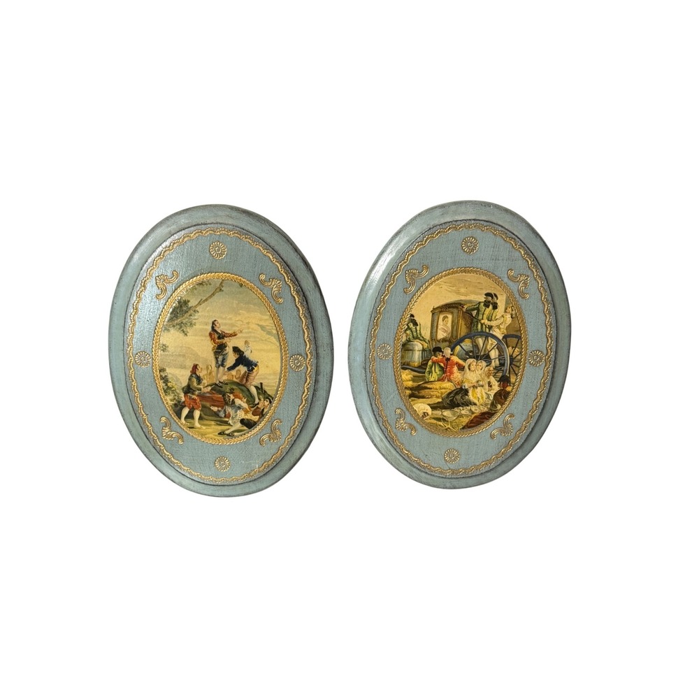 Vintage Italian Wood Wall Plaques Set 2 Blue Gold Oval Ornate Classical Art 9"